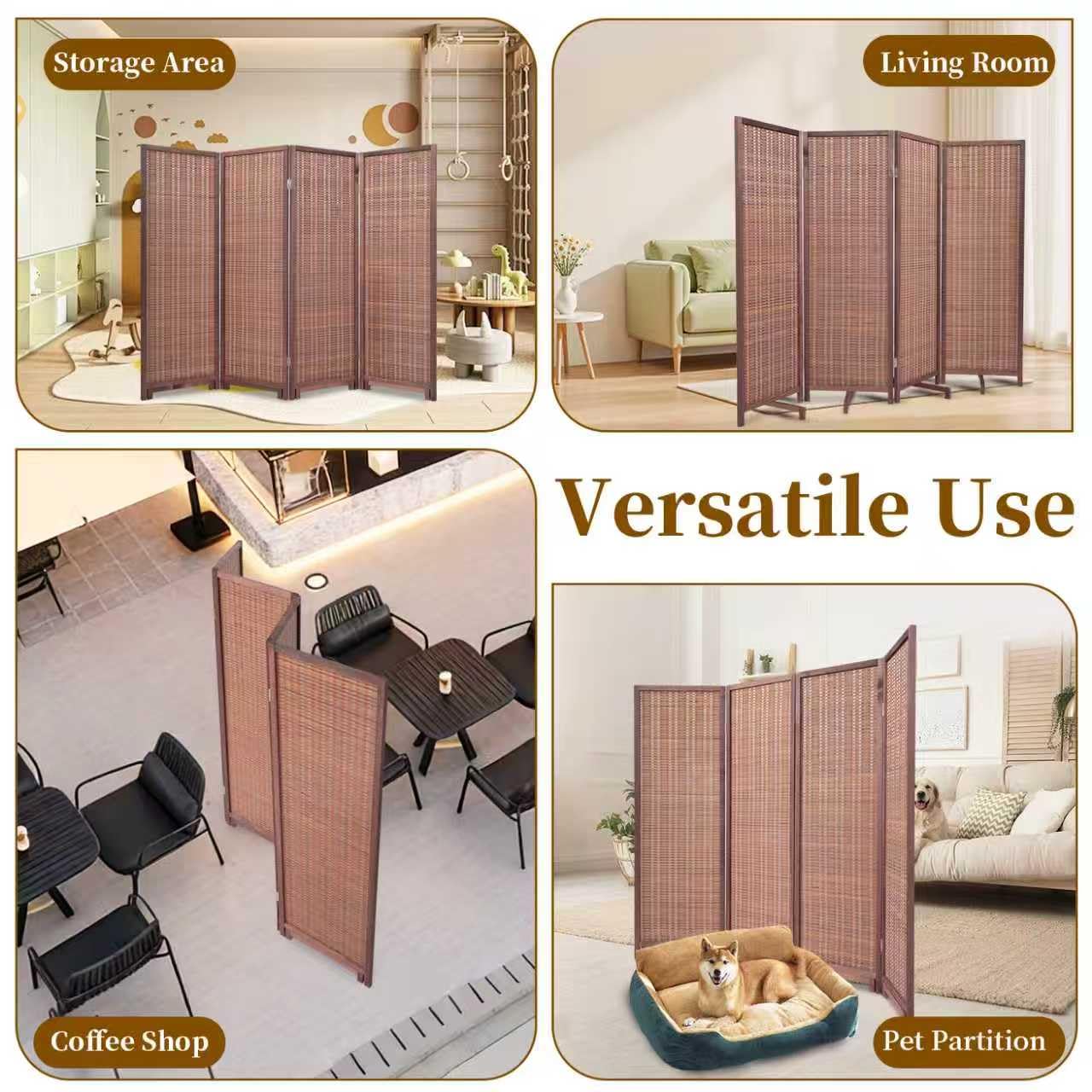 Short Bamboo Room Divider Panel with 360°Rotating Feet,4 Panel 47" H Folding Privacy Screen for Room Separator, Handcrafted Room Partition,Portable Wall Divider,Brown, 47.24" H x 63" W