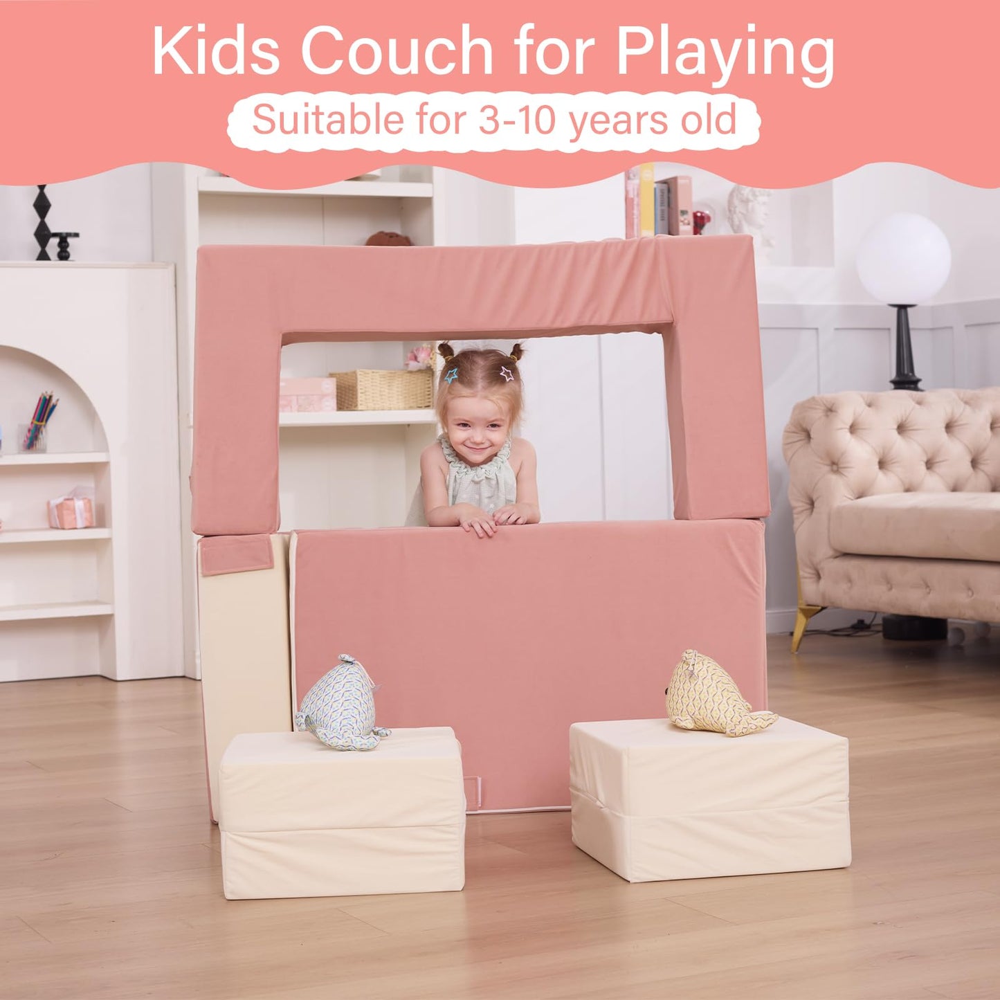 HAHASOLE Kids Couch, Modular Toddler Couch for Playroom, Kids Sofa with Ottomans, Foam Play Blocks with Stair and Ramp, Convertible Plush Sofa, Removable Cover