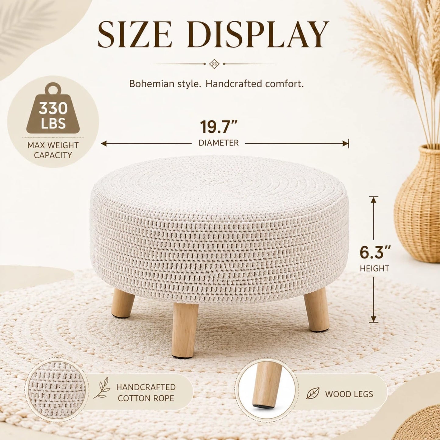Wimarsbon Pouf Ottoman, 100% Cotton Knitted Boho Footstool, Round Footrest with Non-Skid Wood Legs, Home Décor Handmade Pouffe, Leisure Floor Step Stool for Living Room (20" White)