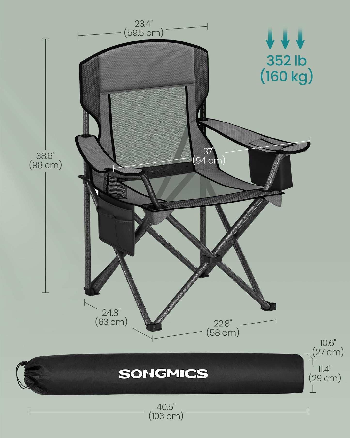 SONGMICS Camping Chair, Folding Oversized Chair, Comfortable and Heavy-Duty, 352 lb Weight Capacity, Adjustable Armrests with Cooler Bag, Storage Bag, Breathable Mesh, Slate Gray UGCB060G01