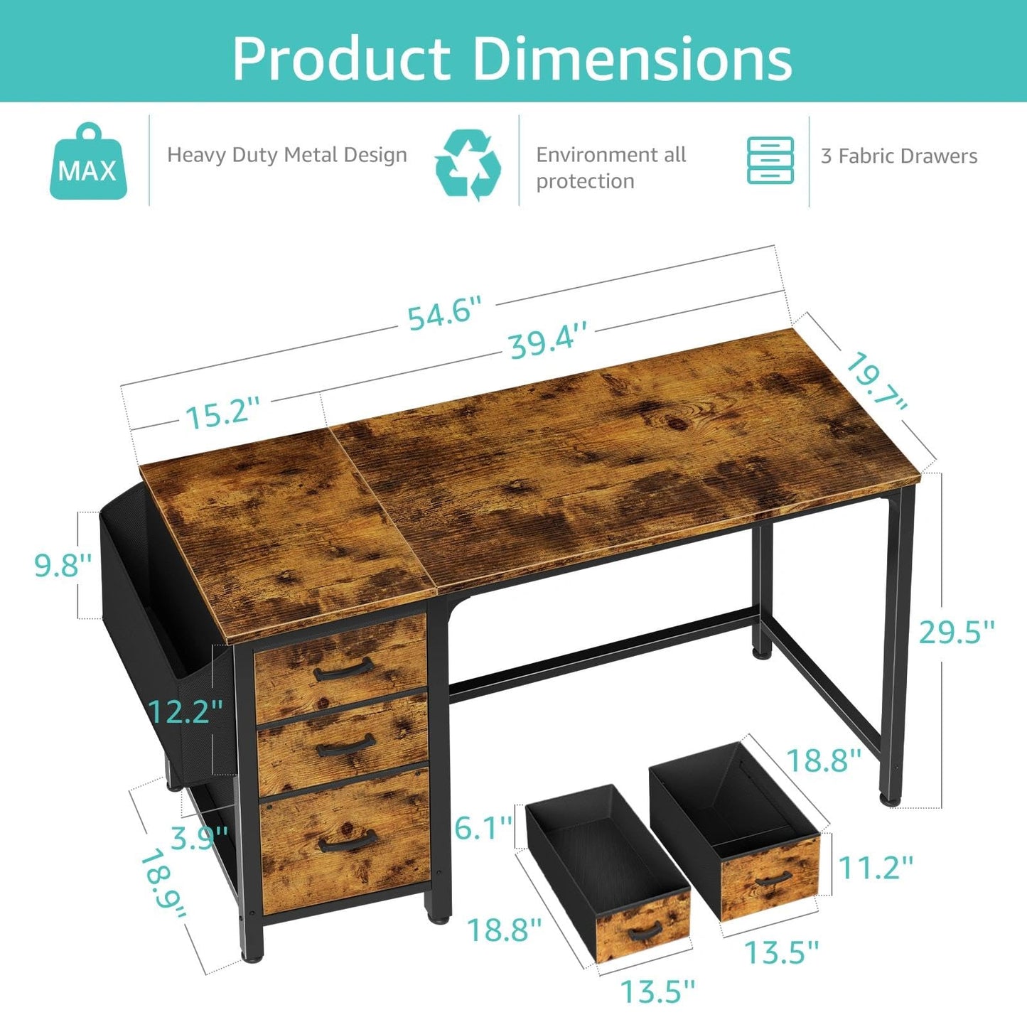 Lufeiya Computer Desk with Fabric File Drawers Cabinet, 55 Inch Reversible Home Office Desks with Filing Cabinet for Small Space, Study Writing Table PC Desks with Storage for Bedroom, Rustic Brown