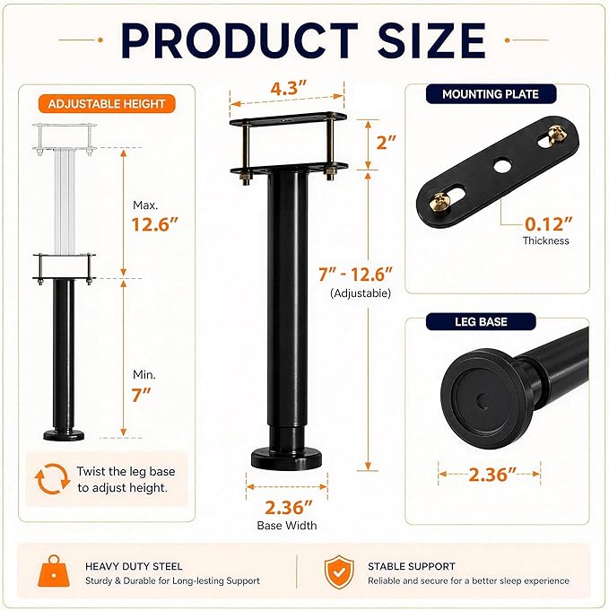 2Pcs Adjustable Height Bed Frame Support Leg, Extra Sturdy Steel Bed Frame