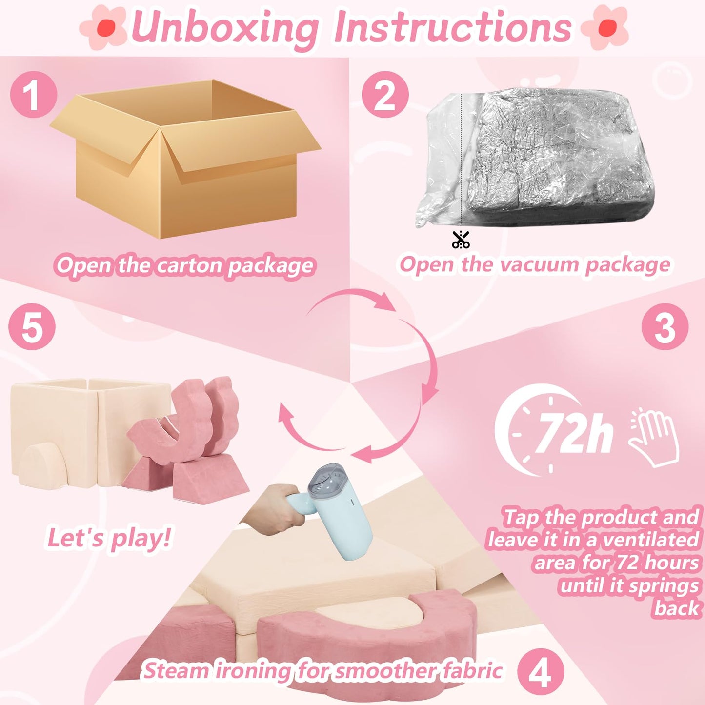 Annualring 10-Piece Mini Kids Play Couch, Modular Flower Foam Sofa, Convertible Soft Play Sofa with Washable Cover, Indoor Climbing Furniture for Playroom, Pink & Beige