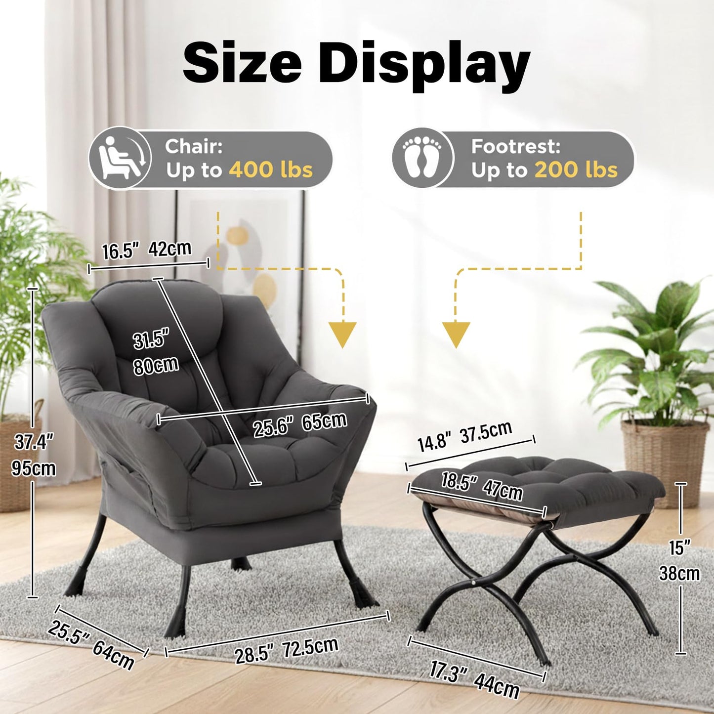 Givjoy Lazy Chair with Ottoman, Large Dark Grey Accent Chair with a Side Pocket, Modern Leisure Upholstered Sofa Reading Armchair with Footrest for Office, Bedroom, Living Room, Dorm Rooms, Balcony