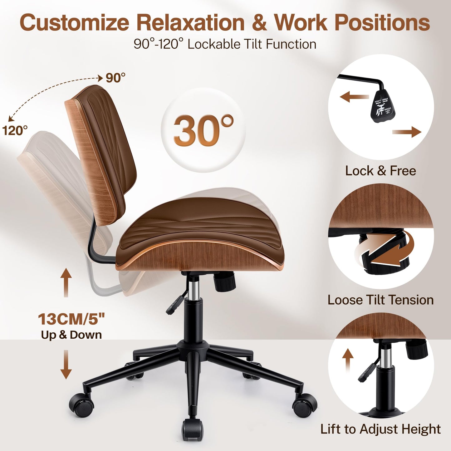 Ergonomic Armless Office Desk Chair - Mid-Century Modern Khaki Faux Leather with Diamond Stitch, Adjustable Height Swivel Rolling Task Computer Chair with Walnut Accent for Home Office, Study & Work