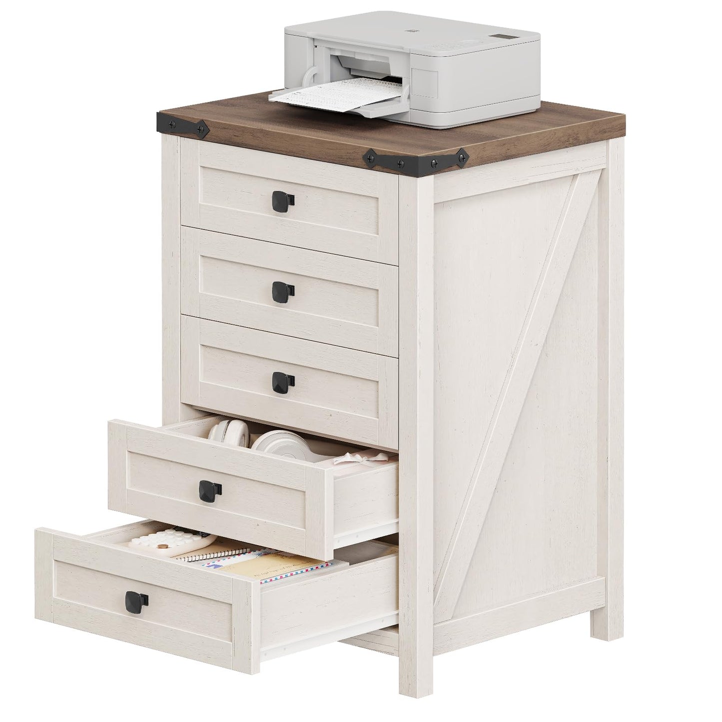 Halitaa 5 Drawer Storage Cabinet, Office Storage Cabinet with 5 Drawers, Small Farmhouse Printer Stand for Home Office, Rustic White and Brown