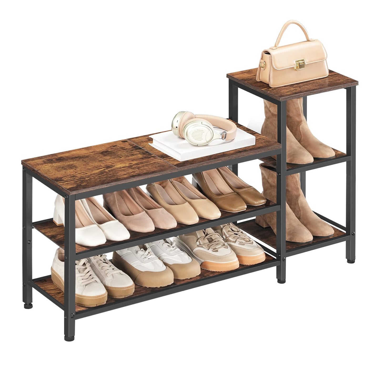 YATINEY 3-Tier Shoe Rack Bench, Wooden Shoe Storage Bench, Industrial Entryway Bench with Storage, Multi-Functional Shoe Rack with Seat for Bedroom, Hallway, Living Room, Rustic Brown and Black HX05BR