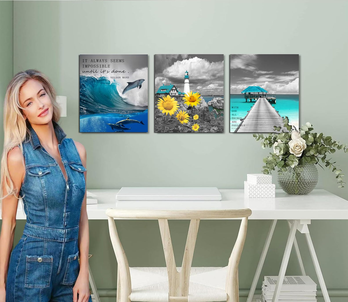 Inspirational Wall Art Canvas Poster Framed Canvas Motivational Print Seascape Ocean Pictures for Bedroom Office Living Room Home Decoration