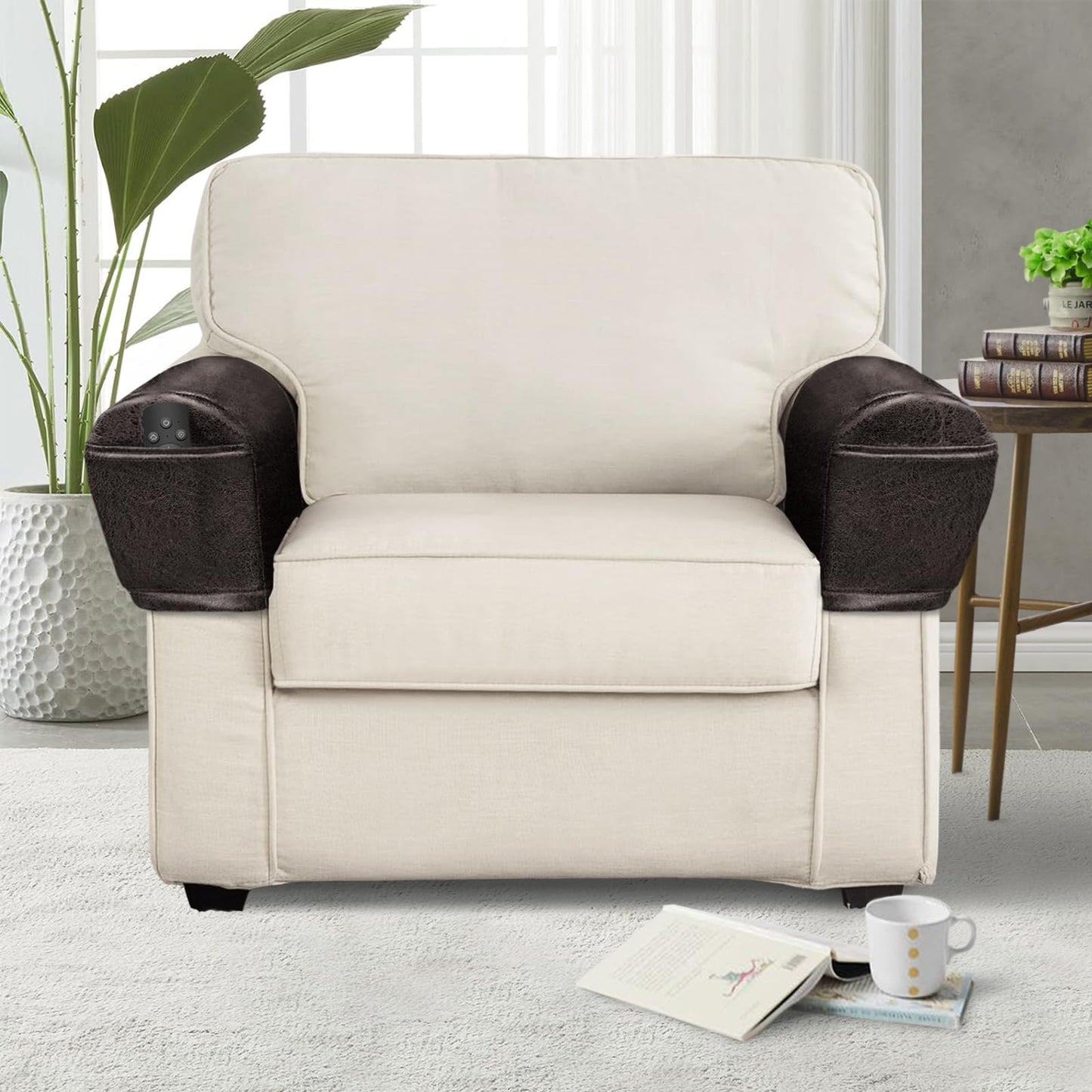 ANARACHON Leather Look Couch Arm Covers Set of 2 Armrest Covers for Sofa Chair Arm Protectors Stretch Armchair Slipcovers with Pockets Washable Spandex Fabric (Medium, Chocolate)