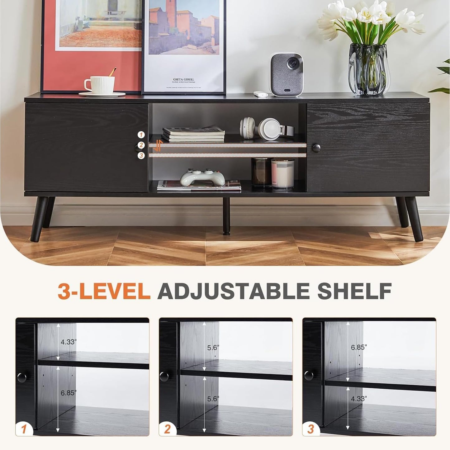 Sweetcrispy TV Stand for 55 60 inch TV, Modern Mid Century Entertainment Center with Storage Cabinet, Media Console Table for Living Room, Soft Hinge, Handle Door, Wooden Office Furniture, Tank
