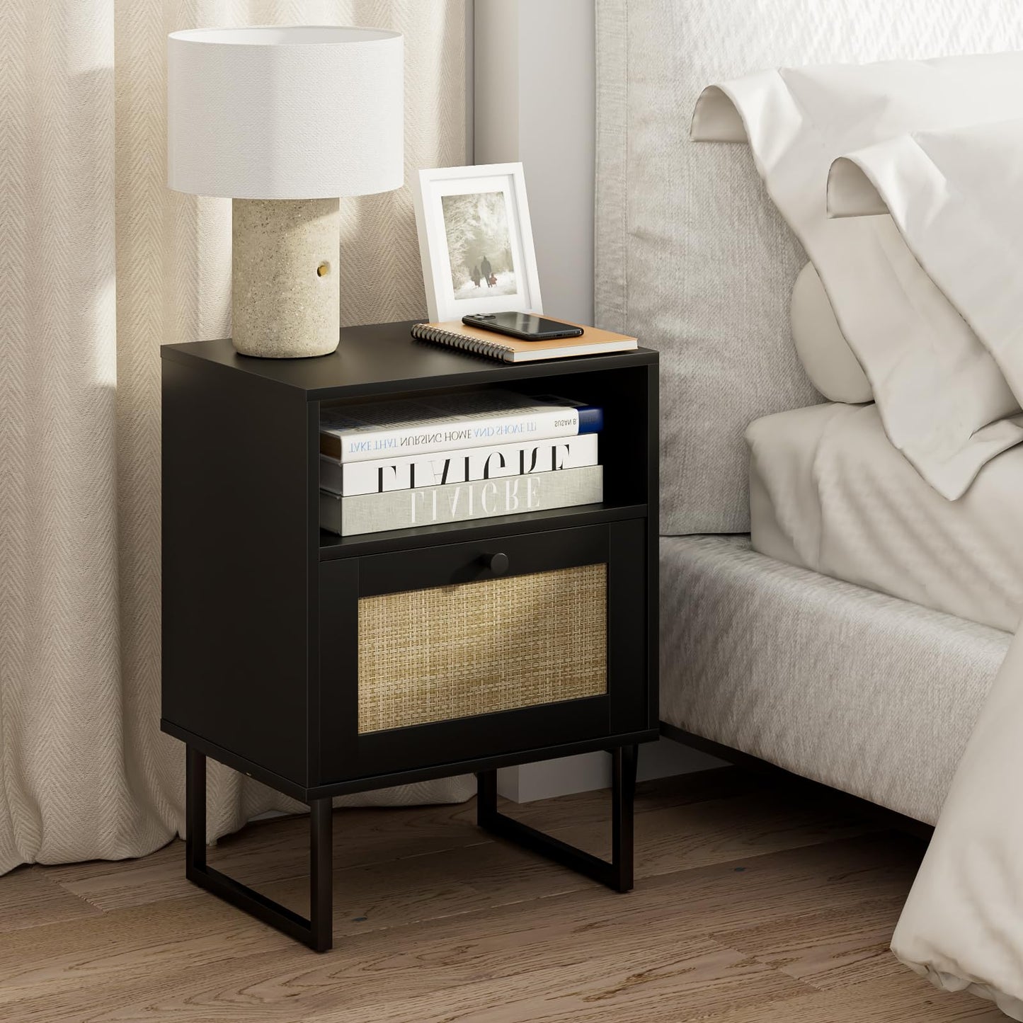 Masupu Rattan Nightstand,Modern Boho Farmhouse Wood Bedside Table with Storage Drawer and Open Shelf,Small Black Frame Side End Table for Bedroom,Living Room,Office (Black)