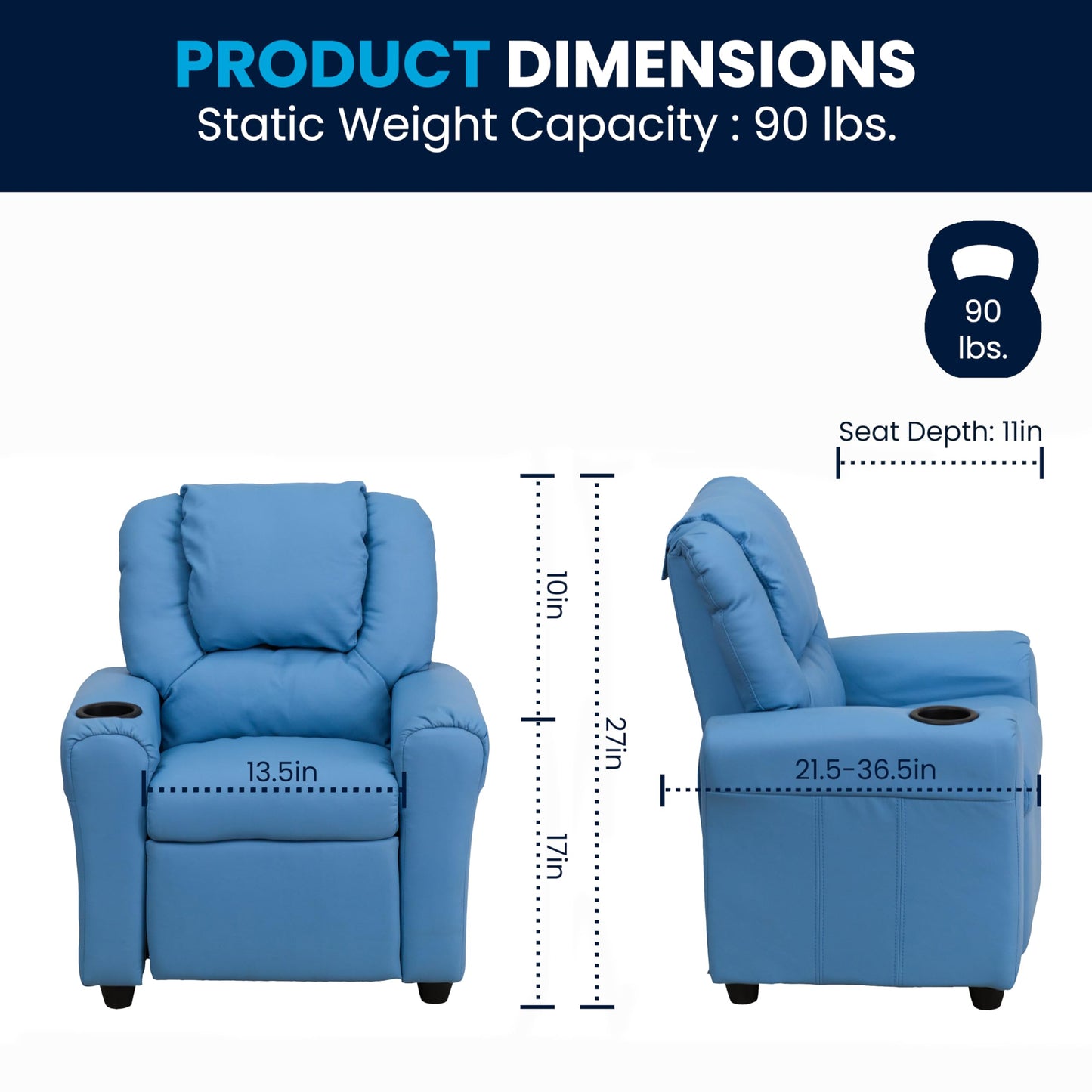 Flash Furniture Vana Vinyl Kids Recliner with Cup Holder, Headrest, and Safety Recline, Contemporary Reclining Chair for Kids, Supports up to 90 lbs., Light Blue