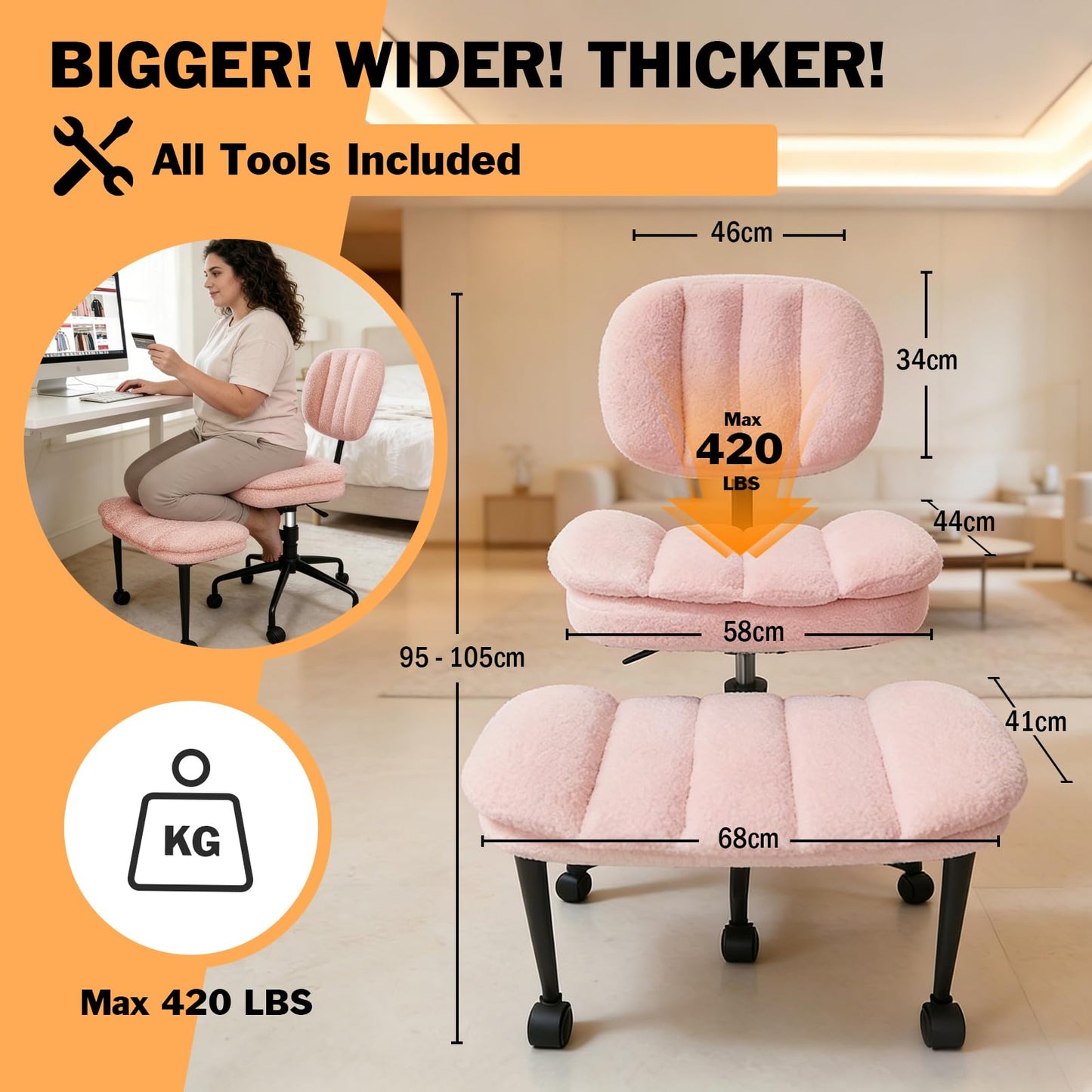 Criss Cross Chair with Footrest, 360° Swivel Faux Shearling Office Chair, Extra Wide Seat with Sofa-Like Comfort, Ergonomic Cross Legged Desk Chair for Cozy Reading, Meditation (Pink)