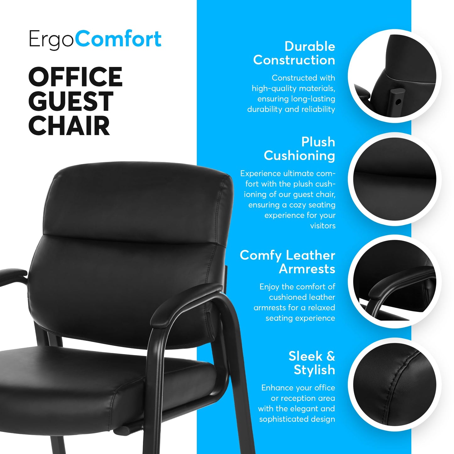 Oline Leather Guest Chair with Padded Arms, Reception Meeting Conference Waiting Room Lobby Home Desk Big and Tall Executive Office Chair, Black (4 Pack)