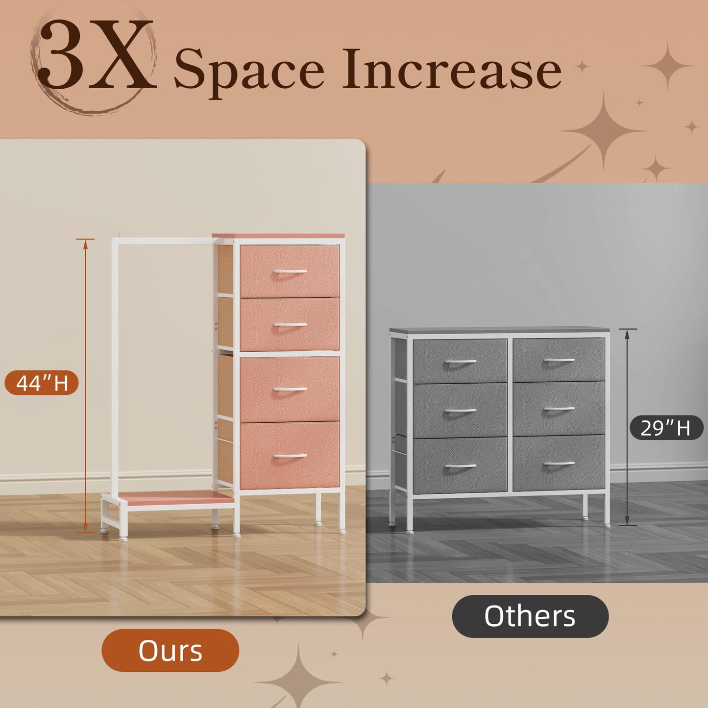 HIGDBFE Dresser with Hanging Rack, 4 Drawers Small Closet for Bedroom, Reversible Fabric Kids Chest of Drawers with Clothes Rack, Tall Storage Tower, Sturdy Frame, Pink, 44''H