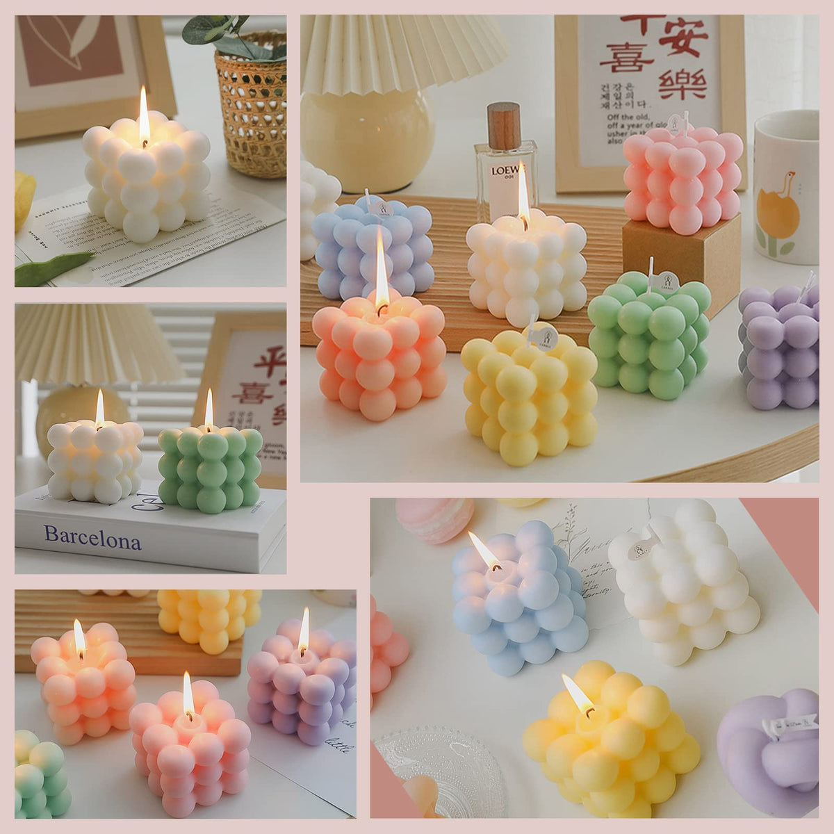 aokala Scented Bubble Cube Candles Gifts Set for Women, Home Decor Scented, 4 Pack 5.4 oz Soy Wax Aromatherapy Candles, Room Aesthetic Bedroom Decoration Gifts, White, Blue, Pink, Green
