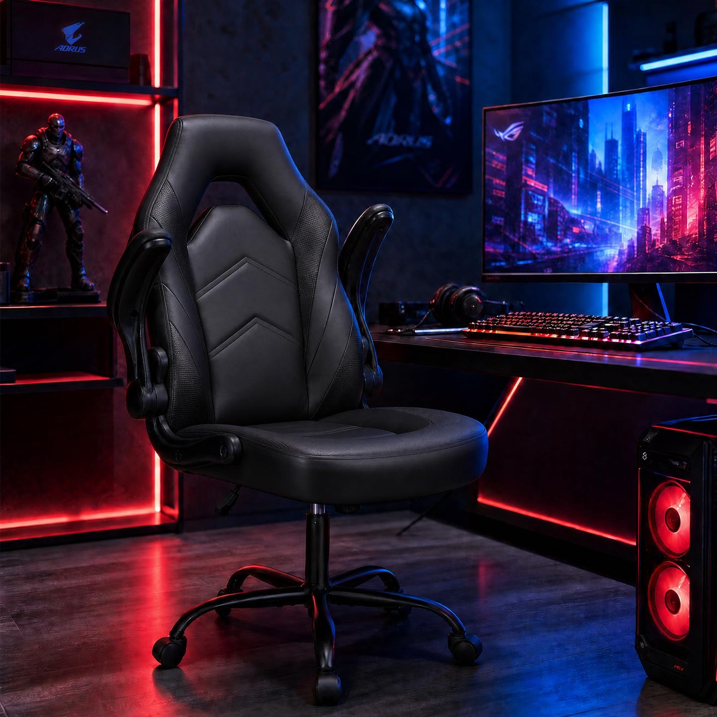 Sweetcrispy Computer Gaming Desk Chair - Big Tall Ergonomic Lumbar Support with Flip-up Armrest and 360° Swivel Wheels, PU Leather Height Adjustable, for Home and Office, Black
