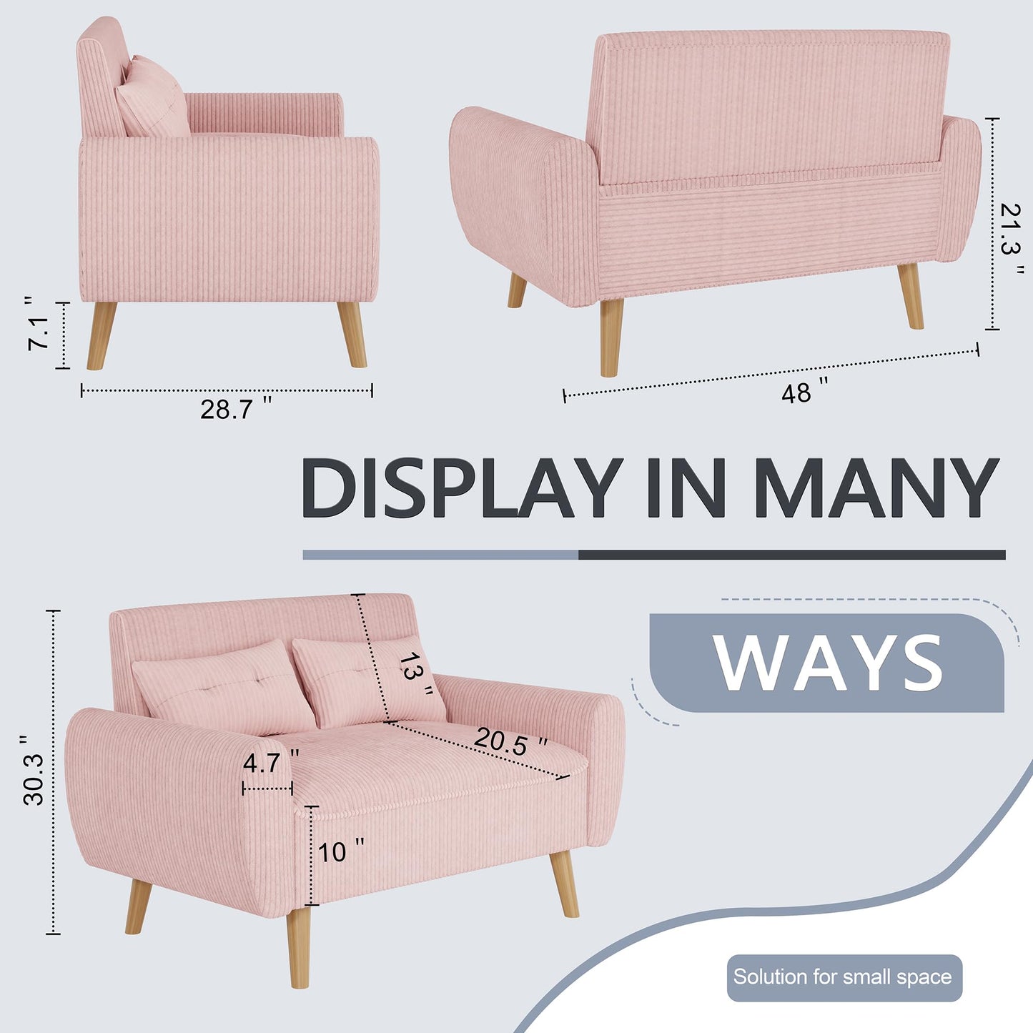Shintenchi 48'' Loveseat Sofa, Mid-Century Modern Upholstered Couch Deep Seat with 2 Pillows, 10" Thick Cushion with Spring, Solid Wood Frame Small Couch for Living Room, Bedroom, Dorms & Office, Pink