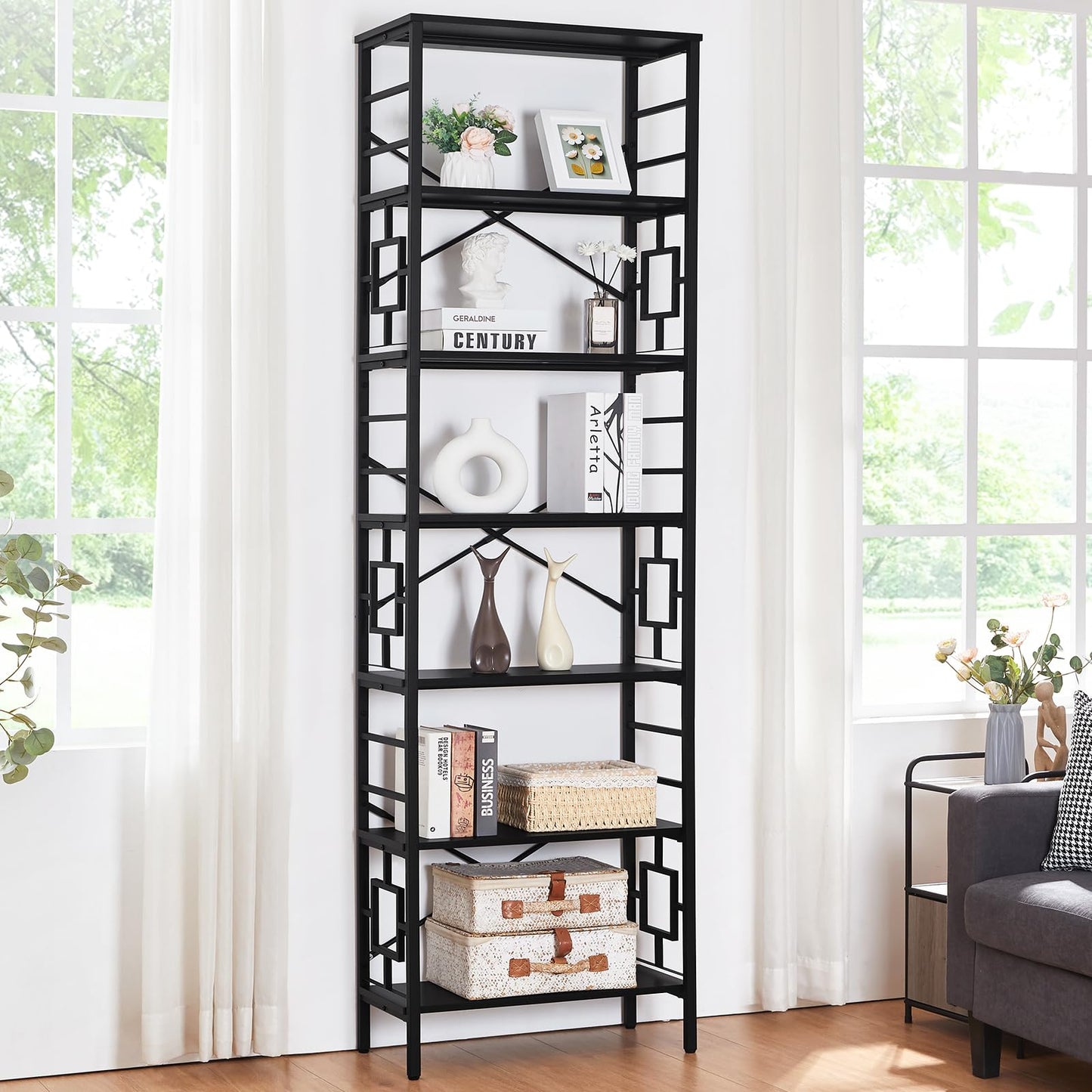 HOMISSUE Tall Bookshelf, 84 Inch Industrial Bookshelf with Metal Frame and Open Shelves, 7 Tier Metal Bookshelves and Bookcases, Rustic Tall Book Shelf for Office, Living Room and Bedroom, Black