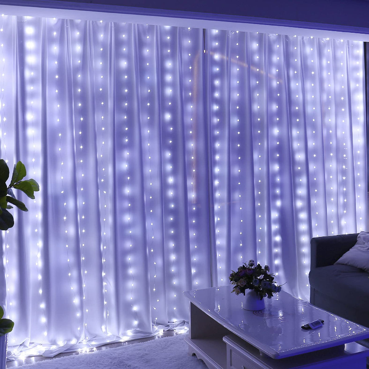 HXWEIYE 300LED Fairy Curtain Lights, 9.8x9.8Ft USB Plug-in 8 Modes Christmas String Hanging Lights with Remote for Bedroom Backdrop Wedding Indoor Wall Decor, White, Tangle-Free – 1 Pack