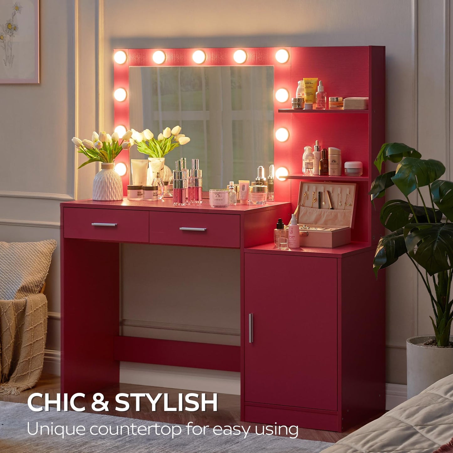 MIRROTOWEL 46.7" Vanity Desk with Mirror & LED Lights, Dressing Table with 2 Large Drawers & Vertical Organizer, 3-Tier Storage, 3 Adjustable Lighting Modes, Makeup Desk for Bedroom