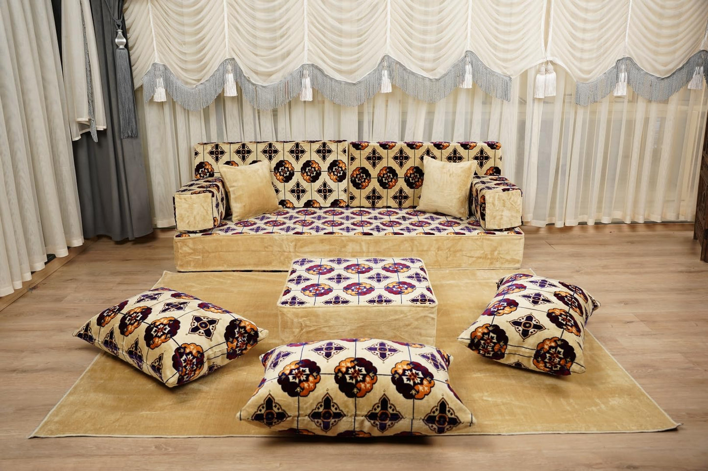 arabicsofa White Modular Diwan Sectional Seating – Arabic Jalsa Sofa Set with Cushions, Handmade Lounge Sofa for Living Room (Royal White Tulip, 8'' Single Full Set)