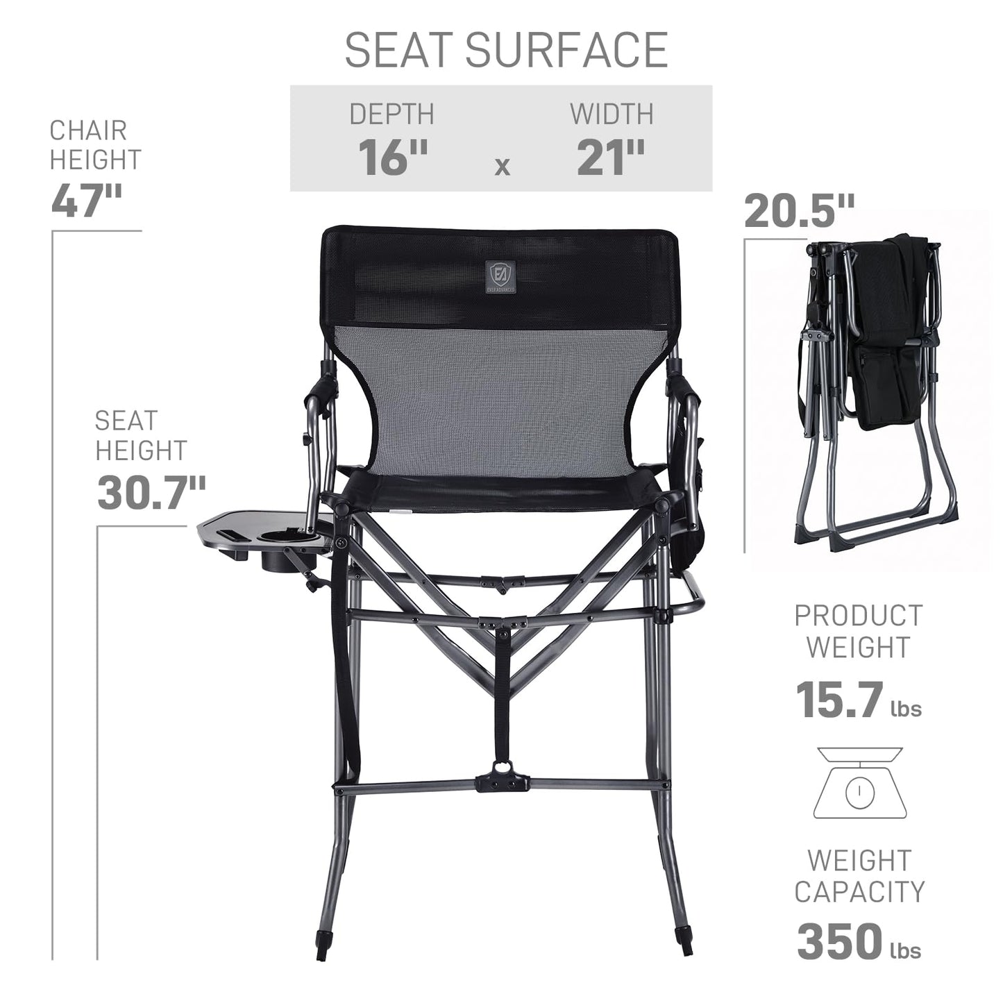 EVER ADVANCED Portable 30.7" Seat Height Tall Folding Camping Chair Directors Chair High Foldable Bar Stool with Side Table for Makeup Artist, Sports Event, Craft Show, Textilene Mesh, Supports 350LBS