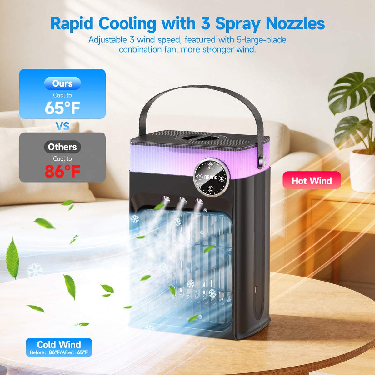 Portable Air Conditioners, 4 in 1 Evaporative Air Cooler with 1200ML Tank, Queit Cooling Fan with Remote Control, 2-8H Timer, 3 Modes & 8 LED Lights, Personal AC Unit for Bedroom, Office and Camping