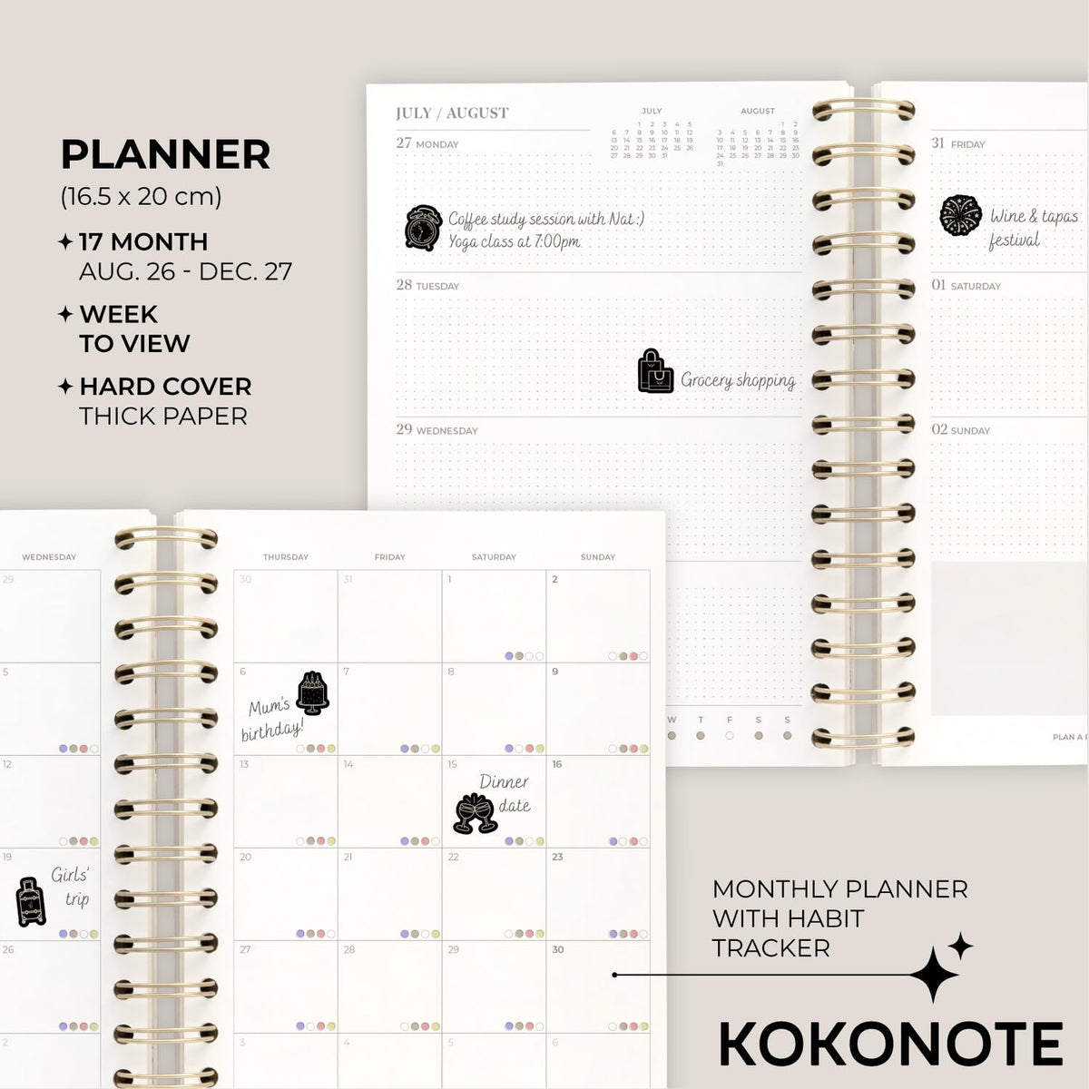 KOKONOTE Planner 2026-2027 Versailles - Planner for Women 17 Month (Aug 26/ Dec 27) | Weekly & Monthly Academic Planner 2026-2027 | 6.4" x 7.9" | Hardcover Agenda 2026 | Thick paper 120 g/m²