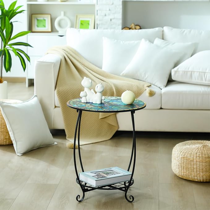 Cinnvoice Outdoor Side Table Round Small Mosaic Patio Accent Indoor End Plant