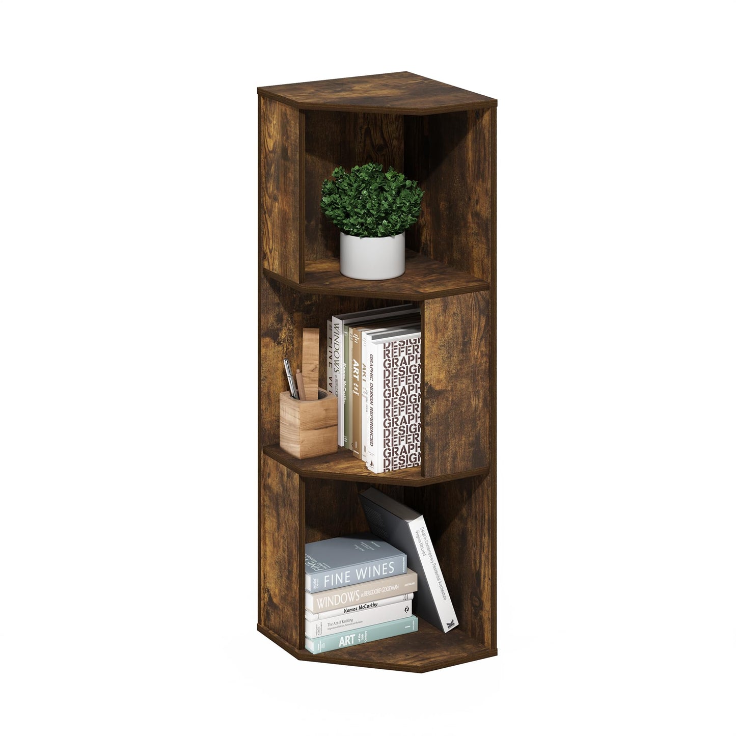 Furinno ECON Corner Shelf, 3-Tier Corner Book Shelf, Standing Storage Shelves, Cube Display Rack, Bookshelf, for Organization and Storage, Living Room, Home Office, Amber Pine