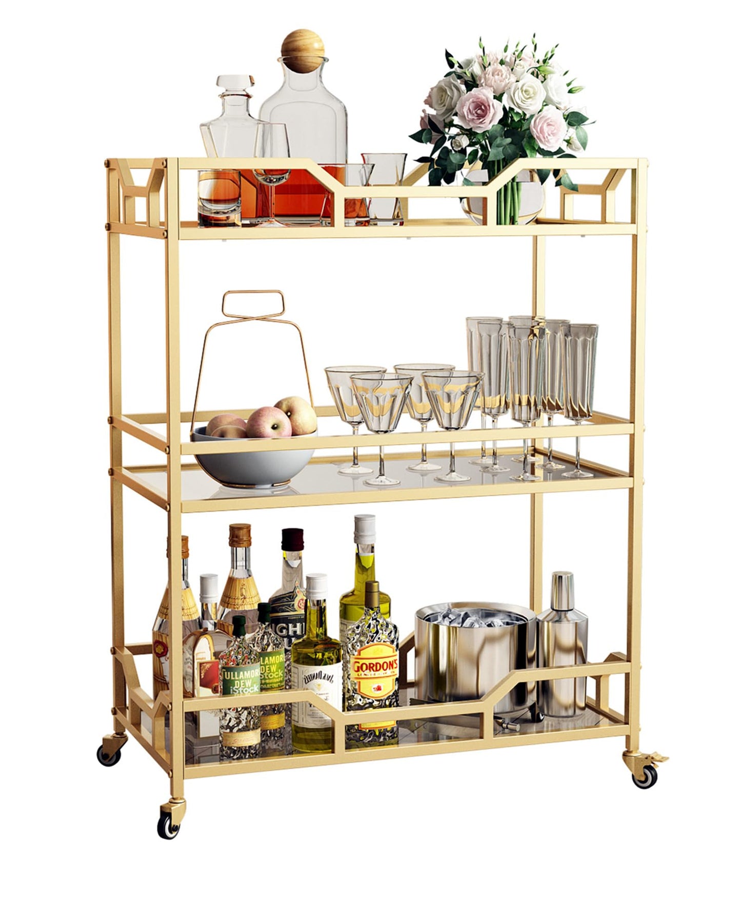 LORMITER Square Gold Bar Carts with 3 Tier Storage Glass Shelves Holder Home Serving Bar Carts on Wheels for Kitchen, Bar, Dinning Room