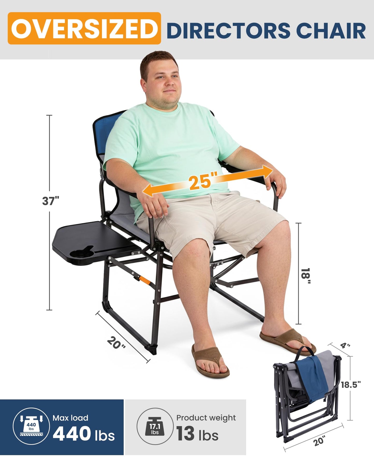 KingCamp Oversized Camping Directors Chair for Big and Tall, Heavy Duty 440lbs Folding Chairs with Side Table, Portable Padded Camp Chairs with Wide Seat & Anti-Sag Fabric for Outdoor Lawn Fishing RV