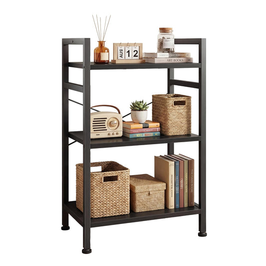 DUMOS 3 Tiers Open Bookshelf, Classic Freestanding Tall Display Shelf, Multifunctional Storage Organizer Rack for Living Room Home Office, Sturdy Bookcase for CDs/Books/Movies, Black