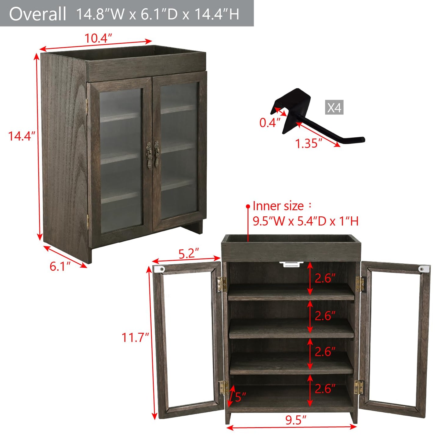Ikee Design Small Wooden Countertop Storage Cabinet with Adjustable Shelves and Removable Hooks, Perfect for Perfume, Pantry, Essential Oil, 10.4W x 6.1D x 14.4H in, Dark Brown