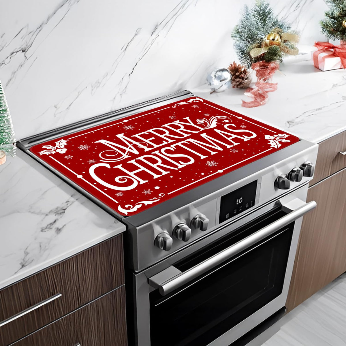 Christmas Stove Top Cover for Electric Stove, Merry Christmas Range Covers, Snowflake Range Top Mats, Glass Cooktop Covers 28x20 inch, Red Cooktop Cover for Kitchen Winter Holiday Home Decor