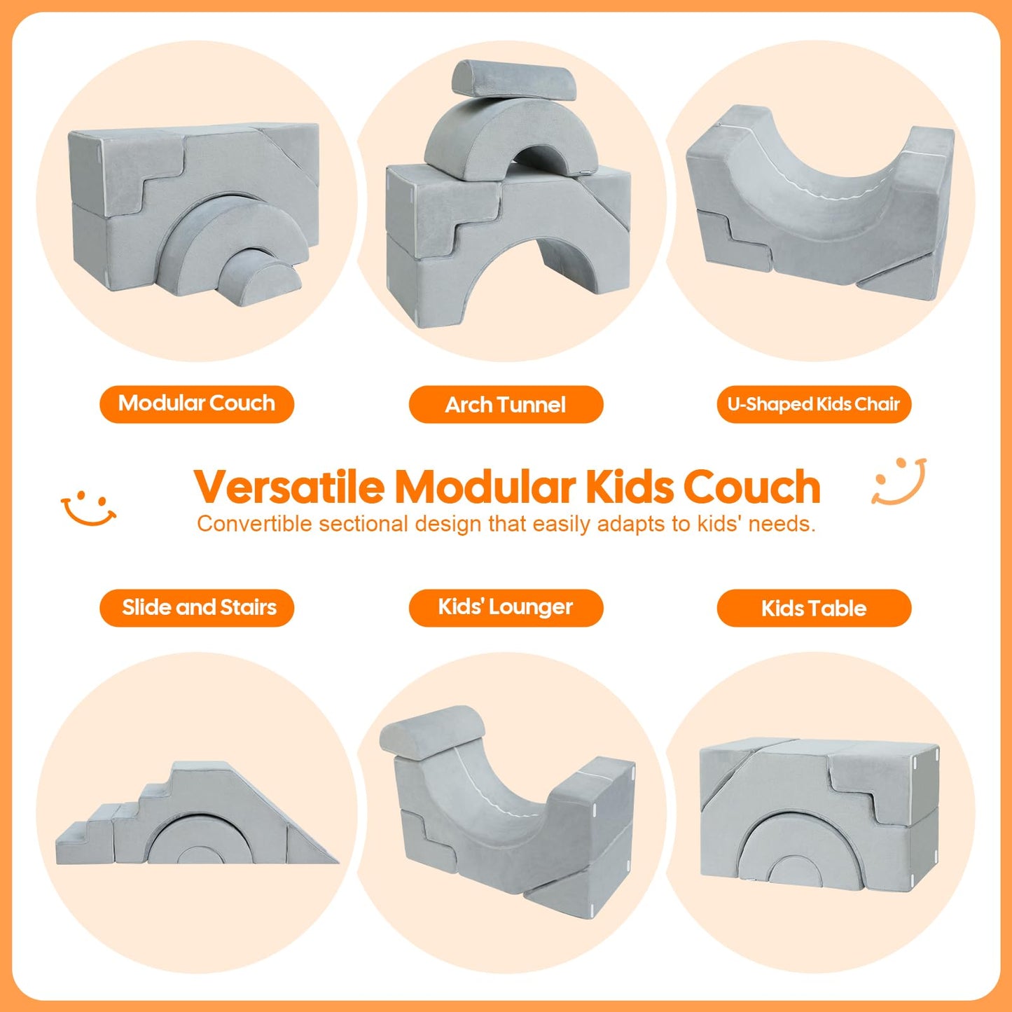 MeMoreCool Modular Kids Sofa – Convertible Foam Couch with Slide & Stair, Playroom & Bedroom Sectional Child Furniture | Soft Washable Cover | Ages 3+ | Grey