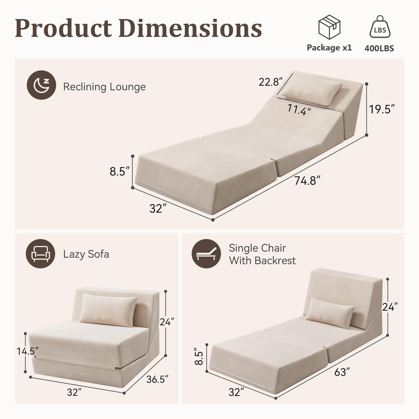 KAPEETOO Fold Out Chair Bed, Folding Sofa Bed, 3 in 1 Convertible Sleeper Chair Bed for Nap, Transformable Sofa Bed for Apartment,Dormitory,Bedroom