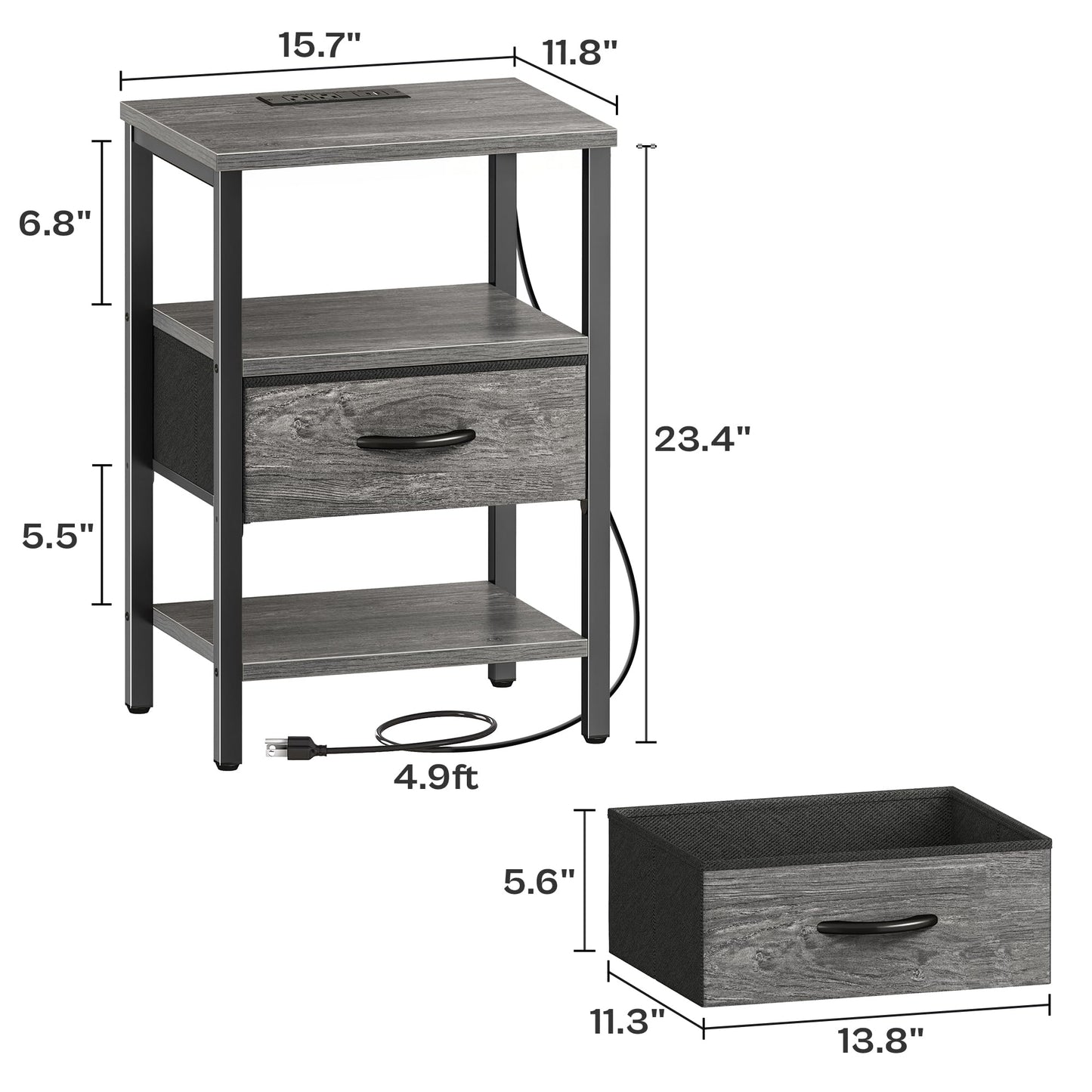 SUPERJARE Nightstand with Charging Station, Bed Side Table with Adjustable Fabric Drawer, Night Stand for Bedroom, 3-Tier Storage End Table, for Living Room, Grey