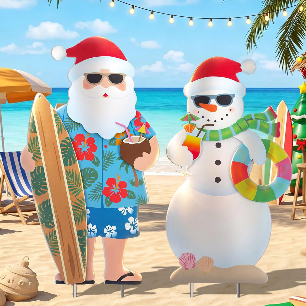 Leinuosen 2 Pcs Metal Christmas in July Yard Signs with Stake July Christmas Yard Decorations Beach Santa and Snowman Stake Signs Tropical Hawaiian Decor for Outdoor Garden Lawn Patio Walkway Pathway