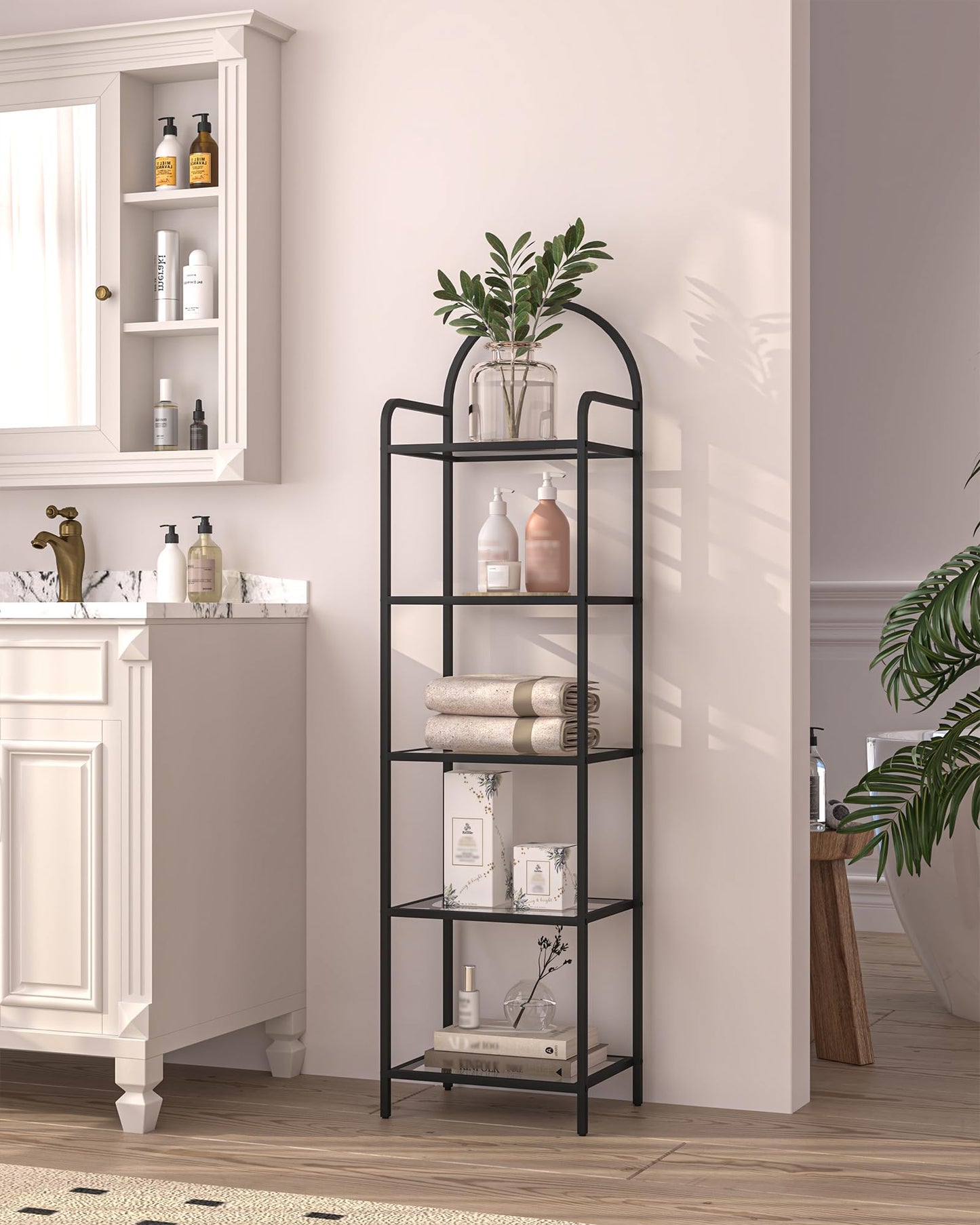 Hzuaneri Bookcase Bookshelf, Tempered Glass Bookshelves, Slim Shelving Unit for Bedroom, Bathroom, Home Office, Steel Frame, 5 Tier Black BC05001B