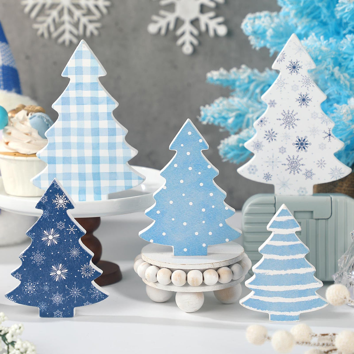 Huwena 5 Pcs Christmas Table Decoration Wooden Xmas Tree Tiered Tray Decor Centerpiece Gift Box Indoor Christmas Tree for Shelf Mantel Fireplace Home Party(Blue Buffalo Plaid)