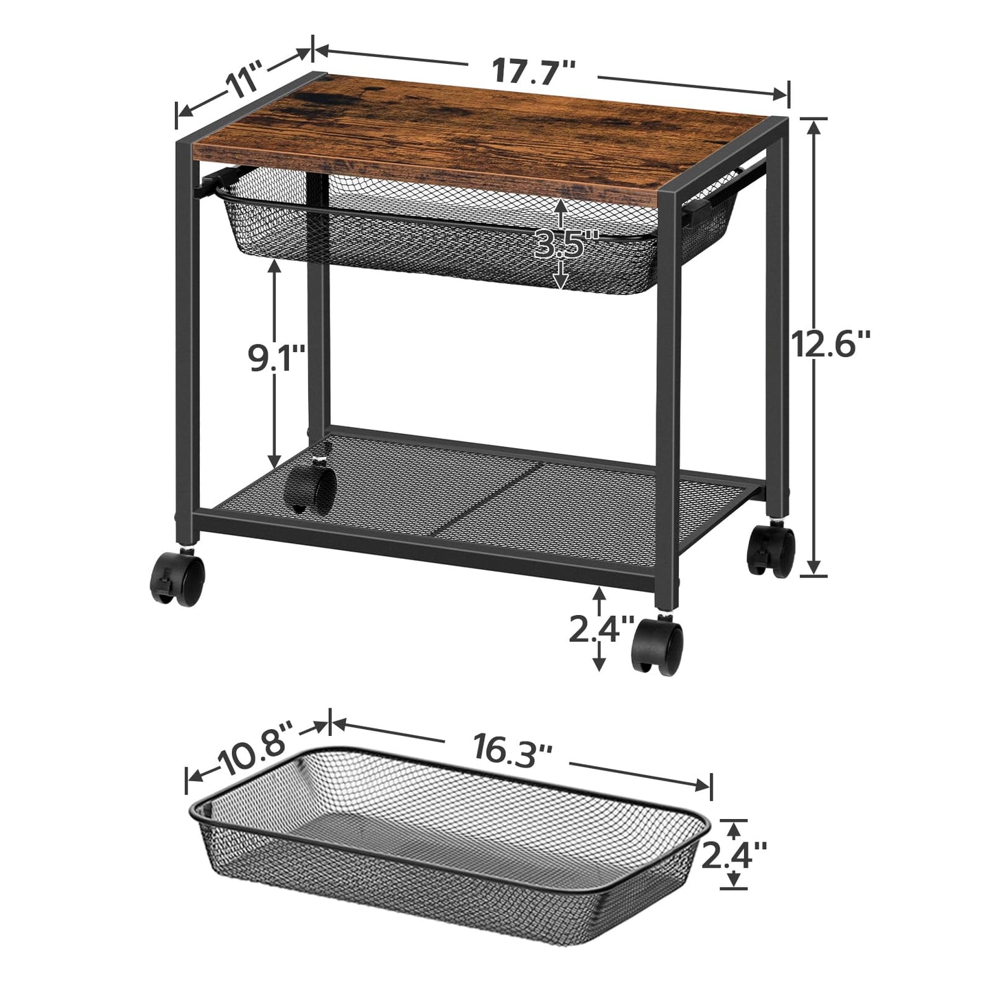 HOOBRO Under Desk Printer Stand, Industrial Printer Cart with Storage Shelf, 2-Tier Mobile Printer Table on Wheels, Heavy Duty Machine Storage Rack for Office and Home Rustic Brown + Black BF12PS01