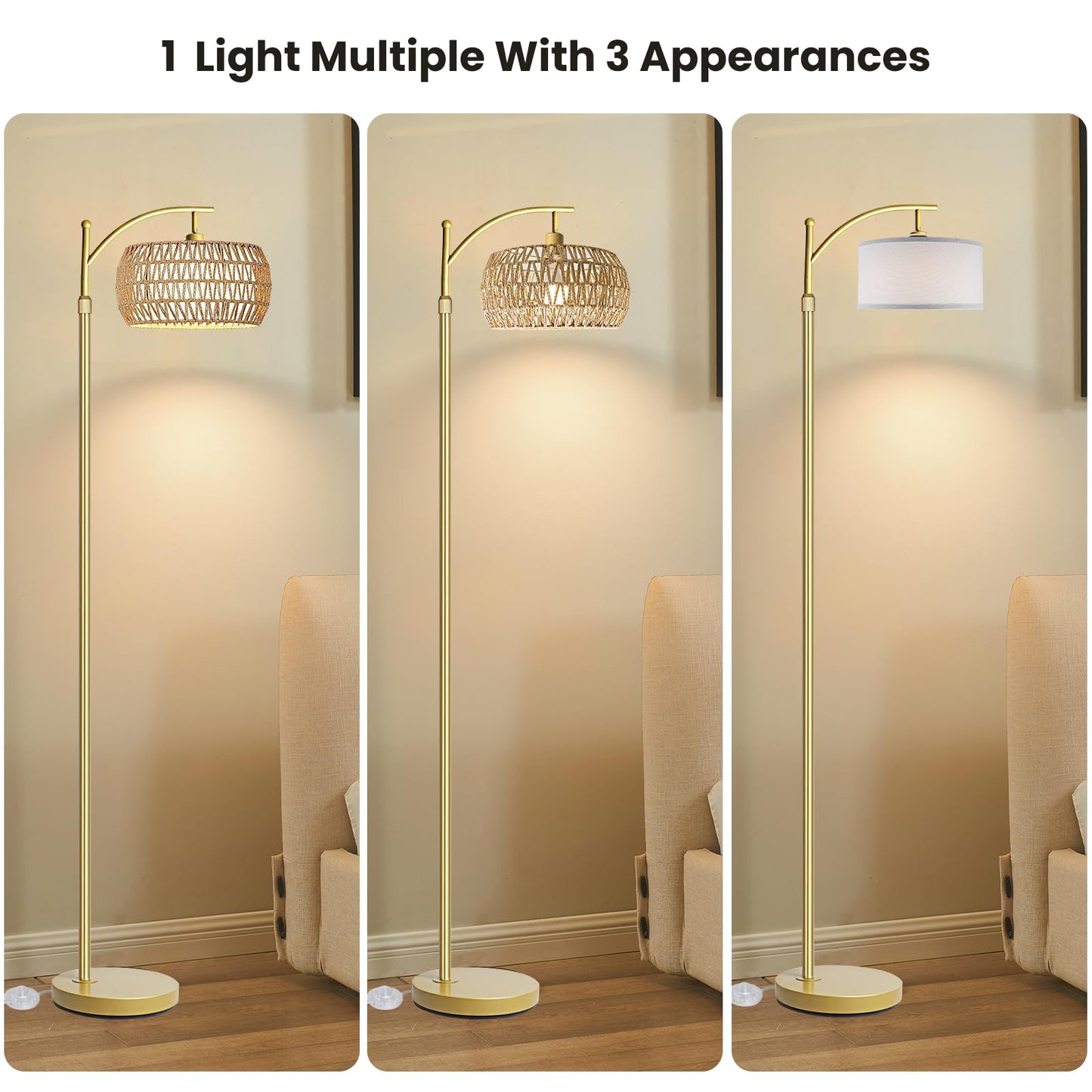 Yusist Arc Floor Lamp for Living Room,Farmhouse Floor Lamps with Remote Control & Dimmable Bulb,Gold Boho Rattan Tall Standing Lamp for Bedroom Office