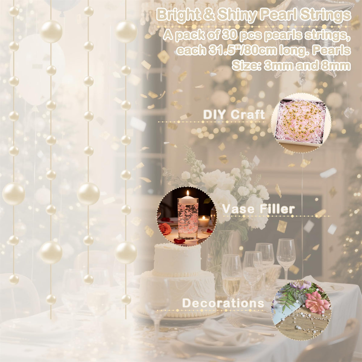 YATOJUZI 30 PCS Artificial Pearl String Beige Vase Filler Floating Pearls for Vases Centerpieces Faux Pearl Beads String Decorations Wedding Holiday Party Decor