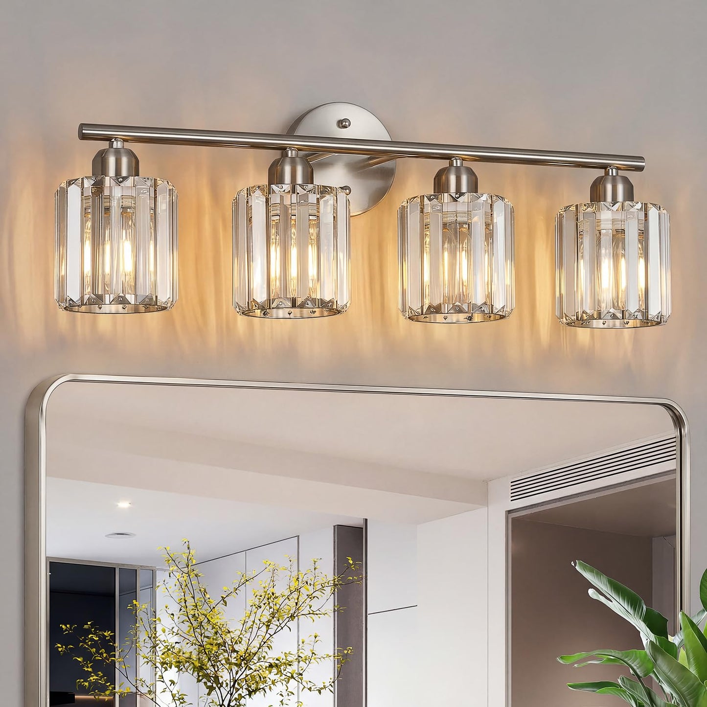 FDPBY Modern 4 Light Crystal Vanity Light, Brushed Nickel Vertical Bathroom Light Fixture Over Mirror for Dressing Table Sink, Compatible with Dimmable Bulbs (Bulbs Not Included)