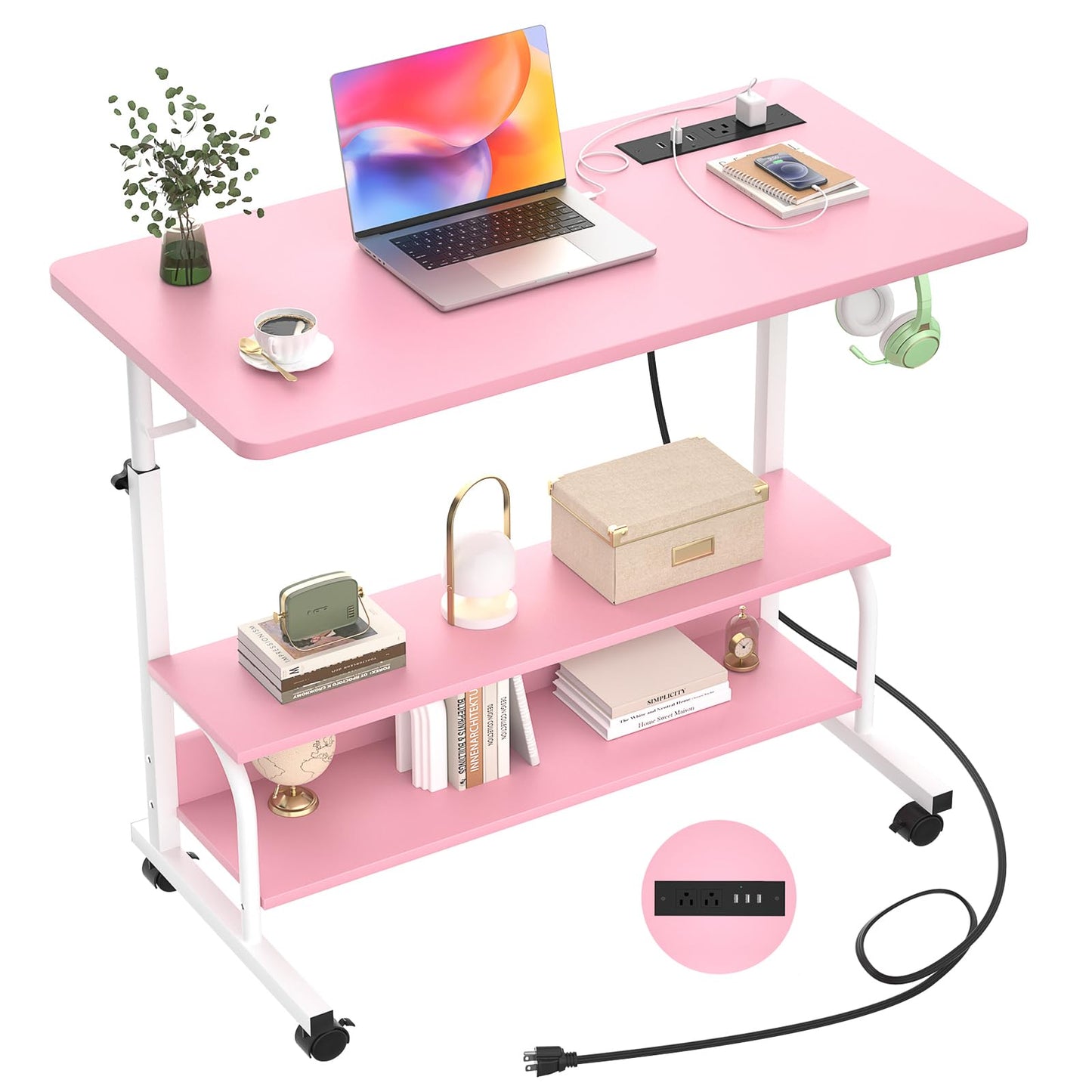 Armocity Rolling Standing Desk with Charging Station, Portable Height Adjustable Mobile Computer Desk with Wheels & 2-Tier Shelves & Hooks, Easy Assembly Laptop Table for Couch Bed, 32" Pink