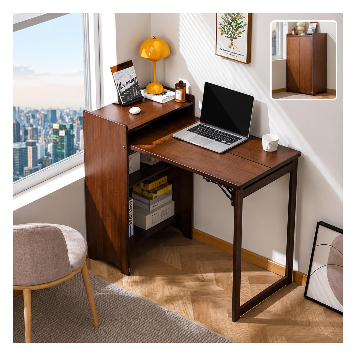 OXBZKMY Bamboo Folding Desk with Storage Shelves, Space Saving Mid Century Modern Bookcase with Drop Down Table, Hide Away Desk for Home Bedroom Study Office