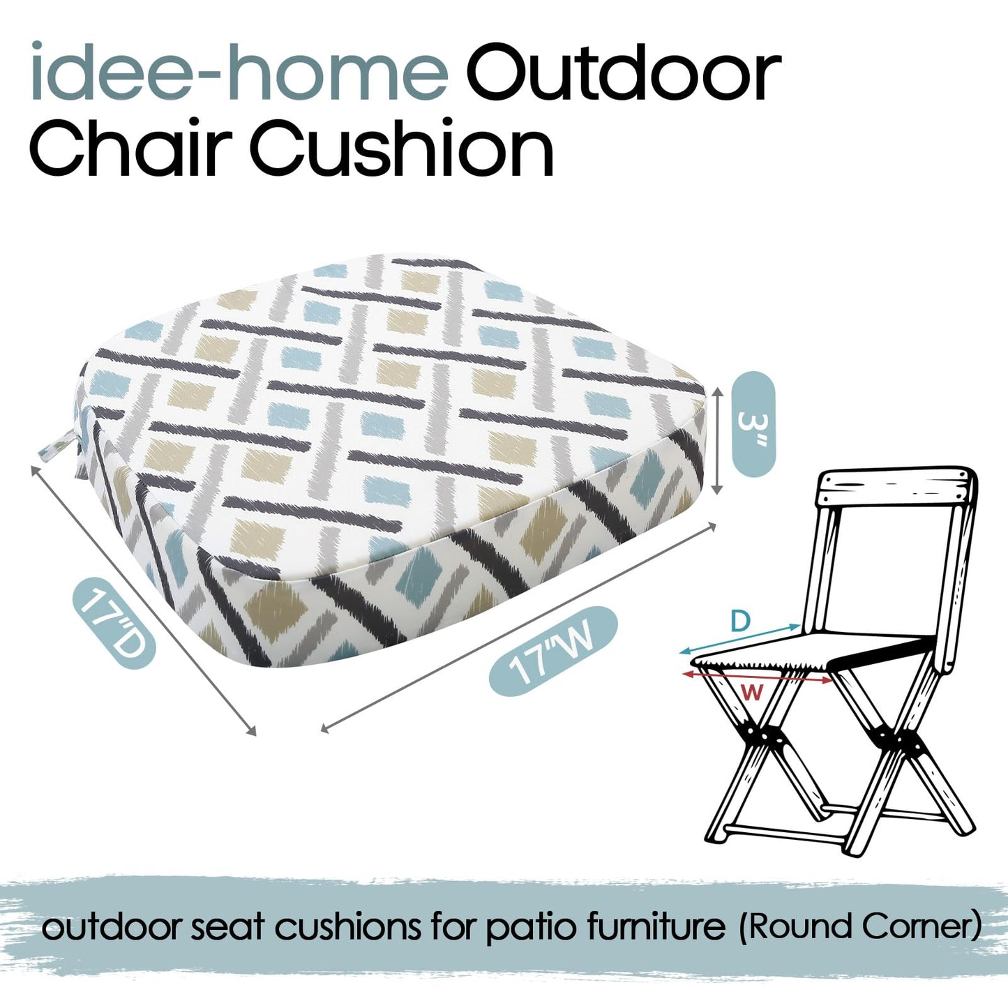 idee-home Outdoor Chair Cushions Set of 2, 17" x 17" x 3" Thick D-Shaped Patio Furniture Outdoor Seat Cushions Waterproof with Ties, Dining Pads