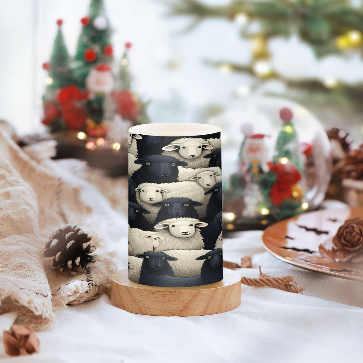 Lights Flameless Candles Black White Lamb Sheer Pillar Candles Set of 2 Battery Operated Remote Control Warm Lights Home Decor